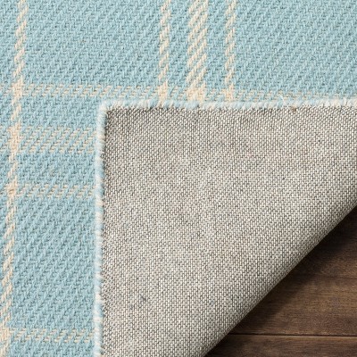 Light Blue Plaid Wool and Cotton Flat Woven Rug