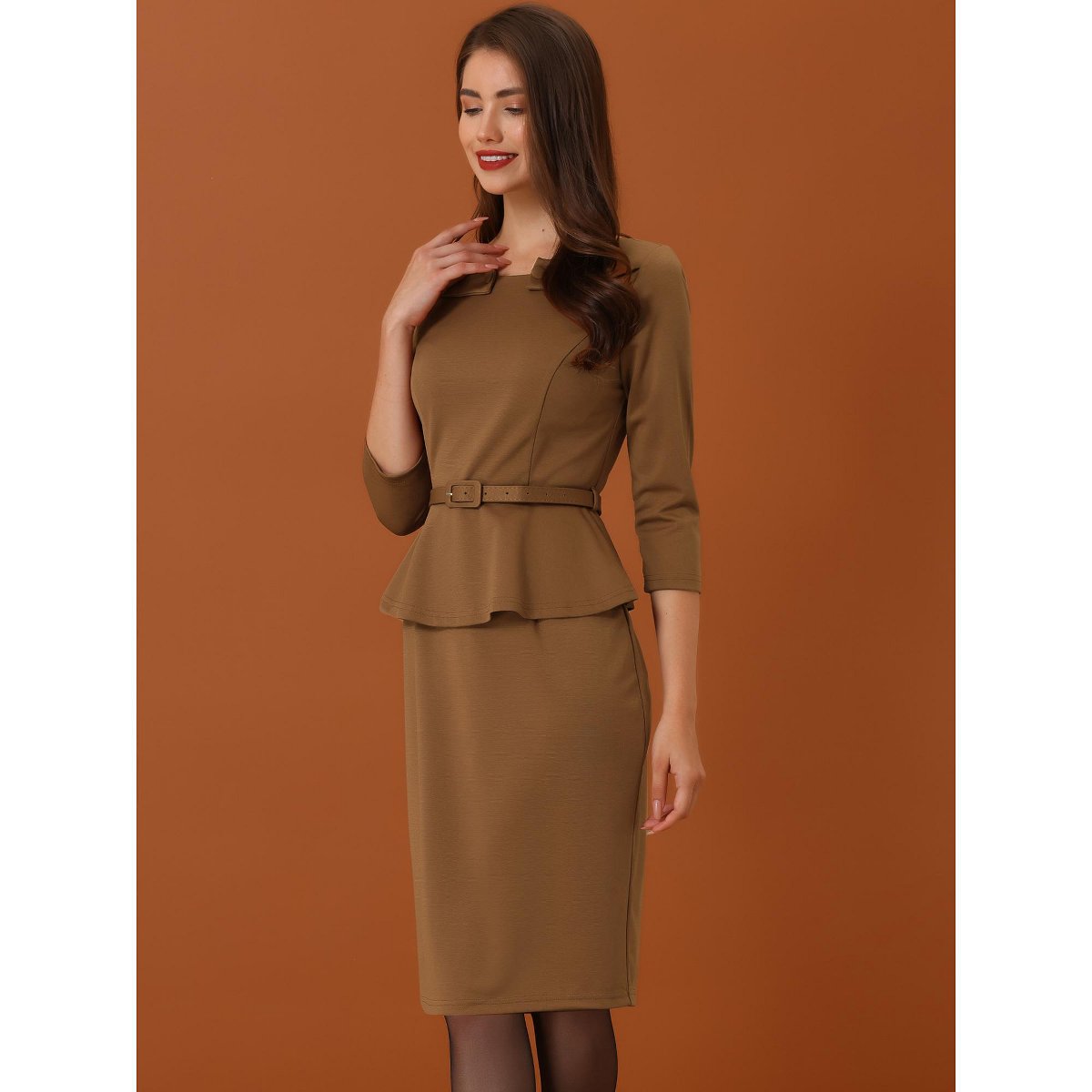 Женские платья INSPIRE CHIC Women's Vintage Pencil 3/4 Sleeves Midi Bodycon Peplum Sheath Dress Brown Medium — фото 3
