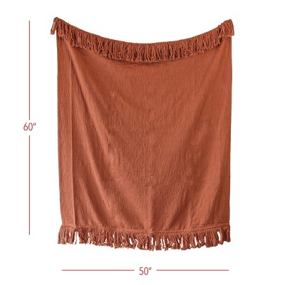 Handwoven Rust Cotton Fringe Throw Blanket