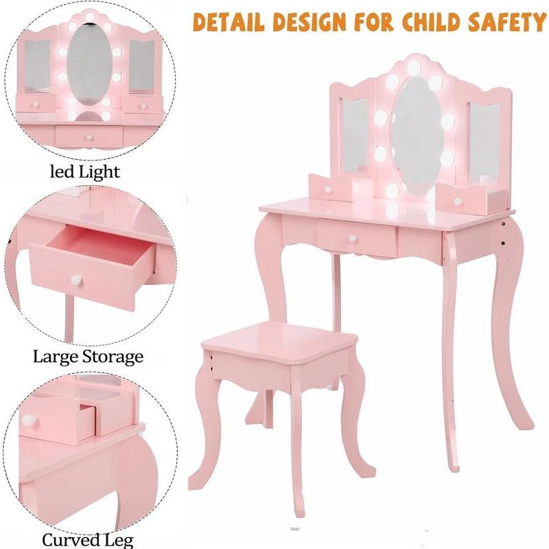 Trinity Kids Vanity, 2 in 1 Princess Makeup Desk Dressing Table with Tri-fold Mirror & Storage Shelves(Pink), 3 of 5