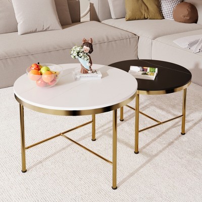 KTMBDW Modern Round Nesting Coffee Table with High Gloss Marble Grain Top for Living Room, White+Black