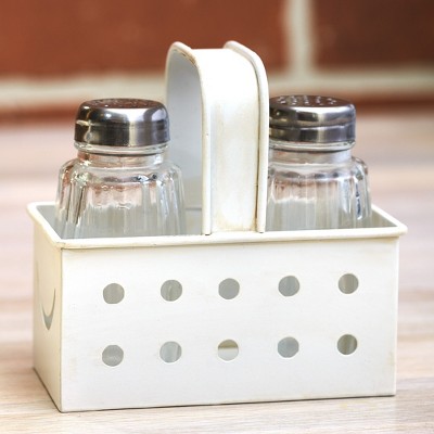 Lakeside Vintage Distressed Metal Tray with Salt and Pepper Shakers Caddy Set - 3 Pieces