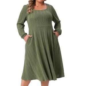 Women's Plus Size A Line Swing Square Neck Long Sleeve Casual Midi Knit Dresses with Pockets - Agnes Orinda - 1 of 4