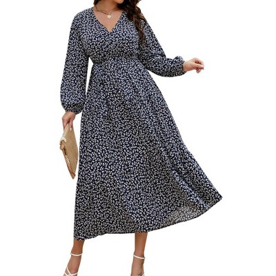 YESFASHION Women Plus Size Maxi Long Sleeve V-Neck Wrap Casual Tie Waist Long Dress