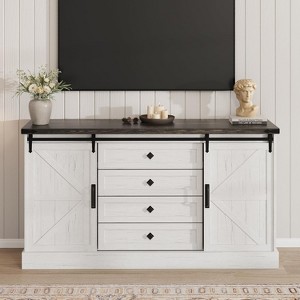 Garvee Farmhouse Dresser with Sliding Barn Doors 45 4-Drawer Wood TV Stand and Storage Chest Antique White - 1 of 4