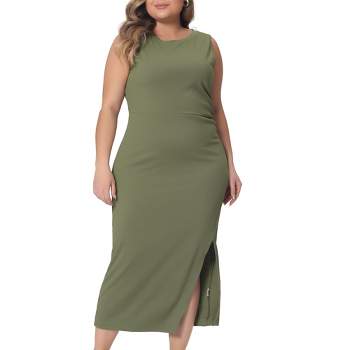 Agnes Orinda Women's Plus Size Elegant Knit Side Slit Tank Midi Ruched Sleeveless Summer Bodycon Dresses