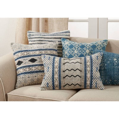 Blue Boho Rug Style Cotton Lumbar Throw Pillow Cover