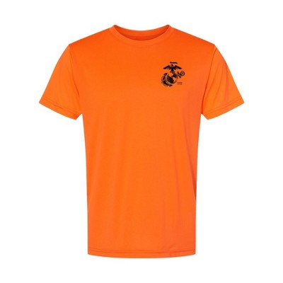 OUTSIDE THE WIRE Leatherneck for Life Safety Orange Left Chest Eagle, Globe, and Anchor Established Performance T-Shirt- Black Logo