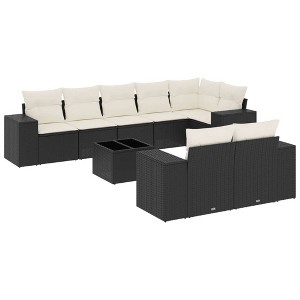 vidaXL 9 Piece Patio Sofa Set with Cushions Black Poly Rattan - Black and Cream With Table - 1 of 4