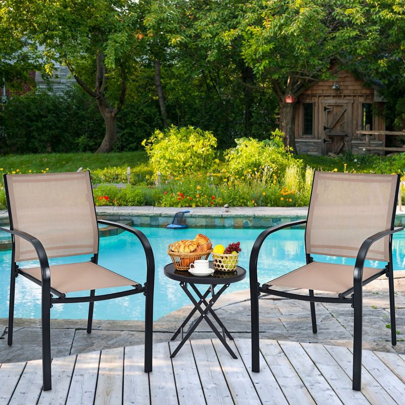 Costway Set of 2 Patio Dining Chairs Stackable with Armrests Garden Deck Brown, 1 of 10