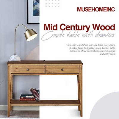 Honey Brown Mid Century Pine Wood Console Table with Storage