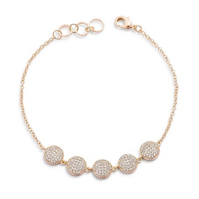 ShineHigh 0.8ct CZ Pave Disc Bracelet for Women, Adjustable 7-Inch Chain with 5 Round Disc Accents, Available in Goldtone or Rose Goldtone Finish