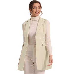 Allegra K Women's Lapel Collar Sleeveless Long Coat Double Breasted Belt Waist Trench Vest - 1 of 4