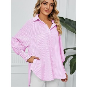 Women's Striped Print Shirred Long Sleeve Button Down Pocket Blouse Shirt Top - 1 of 4