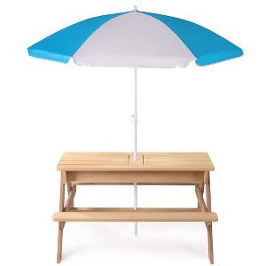 Akoasm 3-in-1 Kids Wooden Patio Picnic Table With Umbrella Outdoor-Natural - 1 of 4