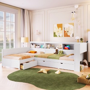Whisen Wood Twin Size L-shaped Platform Bed with Trundle and a Drawer - 1 of 4