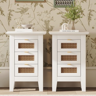PAGED Night Stand Set 2 Rattan Bedside Table Modern Wooden Nightstand with 3 Storage Drawers for Bedroom, White