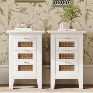 PAGED Night Stand Set 2 Rattan Bedside Table Modern Wooden Nightstand with 3 Storage Drawers for Bedroom, White - 1 of 4