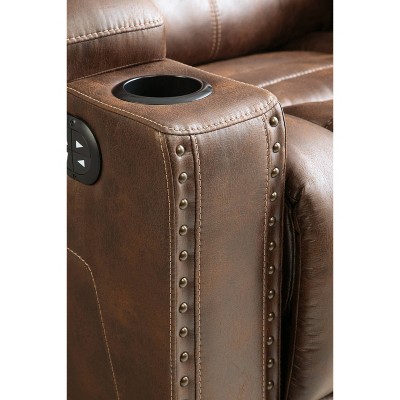 Brown Tufted Faux Leather Reclining Sofa with Storage and Cup Holder