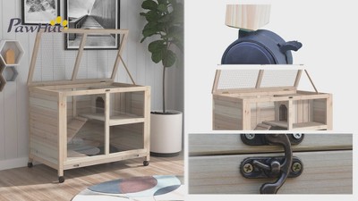 Natural Wood 2-Story Guinea Pig Hutch with Wheels