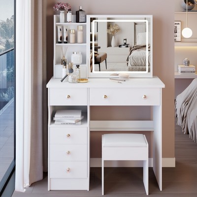 VYNXARIA 37" Middle Size Left Drawer Desktop Vanity Table&Cushioned Stool, Large Sliding,High Capacity Storage,Suitable for Large Space£¬White