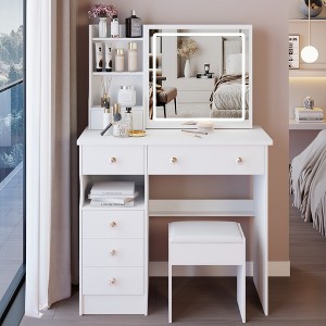 VYNXARIA 37" Middle Size Left Drawer Desktop Vanity Table&Cushioned Stool, Large Sliding,High Capacity Storage,Suitable for Large Space£¬White - 1 of 4