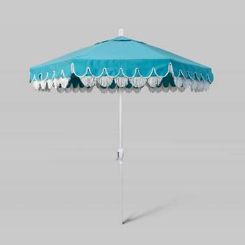 7.5' Sunbrella Scallop Base Fringe Market Patio Umbrella with Crank Lift - White Pole - California Umbrella