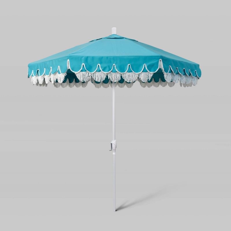 7.5' Sunbrella Scallop Base Fringe Market Patio Umbrella with Crank Lift - White Pole - California Umbrella, 1 of 5