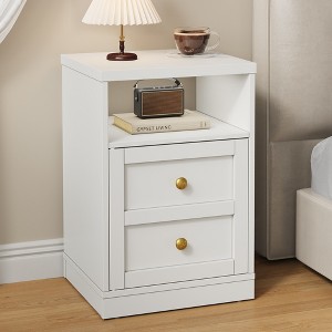 Heynemo White Nightstand with Storage Shelf and Door, Faux Two-drawer Design Side Table , Modern Night Stand for Bedroom Dorm, Wood End Table - 1 of 4