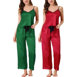 cheibear Women's Satin Silky Sleepwear Suspender Cami Top Long Pants Soft Pajama Set 2Packs - 1 of 4