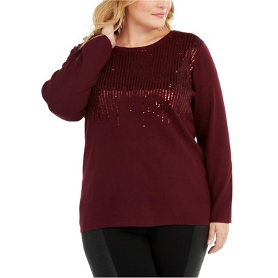 I.N.C International Concepts Womens Sequin Crewneck Pullover Sweater, Red, 2X