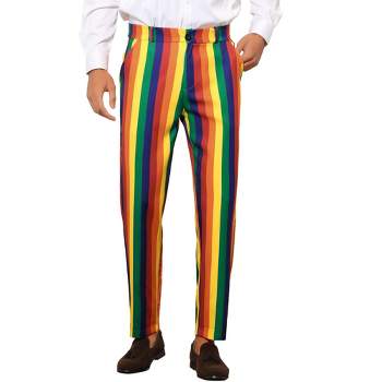 Lars Amadeus Men's Regular Fit Flat Front Color Block Rainbow Striped Trousers