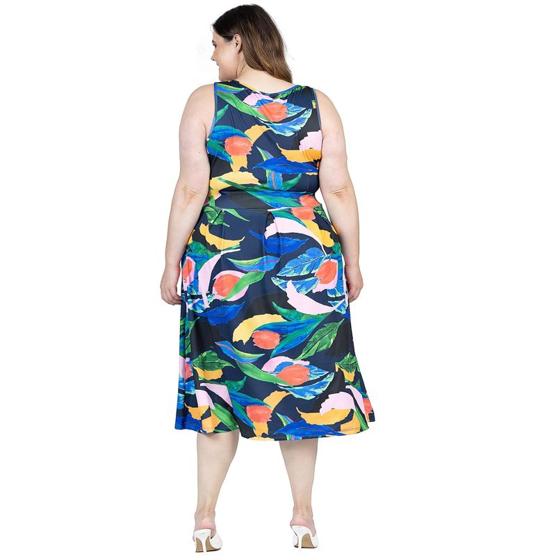 24seven Comfort Apparel Plus Size Midi Length Multicolor Sleeveless Pleated Pocket Dress, 3 of 7