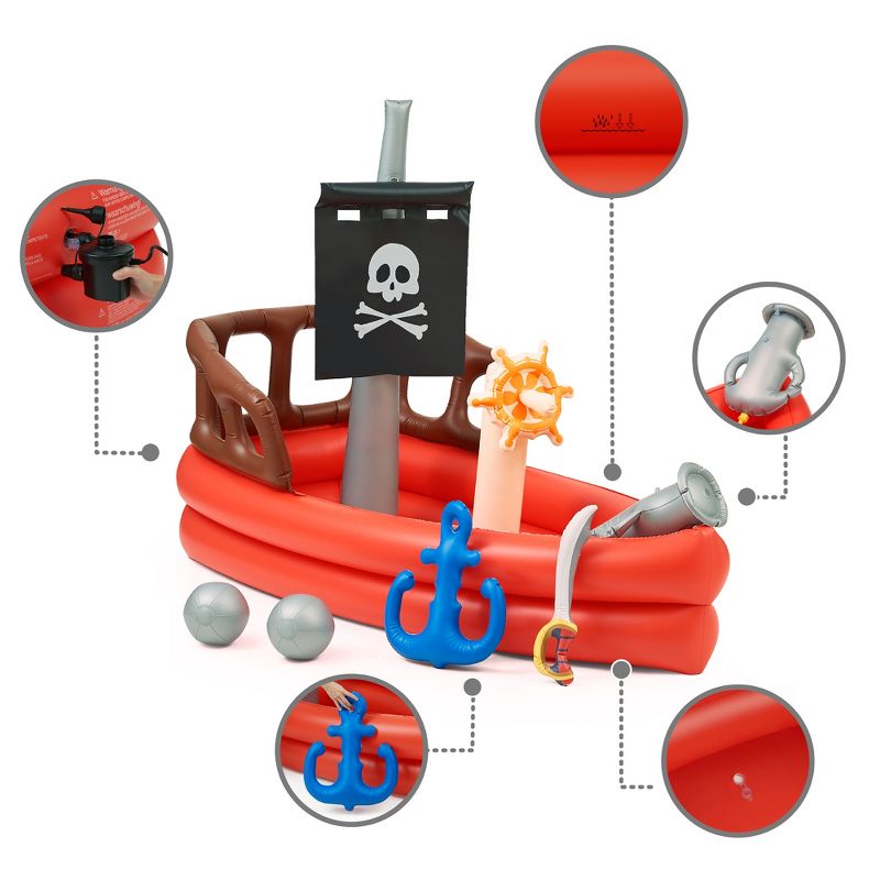 Water Fun Inflatable Pirate Ship Sprinkler Play Center with Pump, Beach Balls, & Accessories, Red, 3 of 13