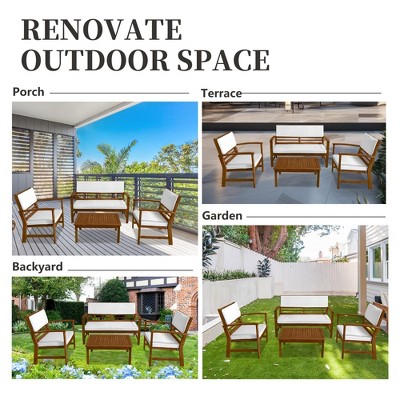 4-Piece Acacia Wood Outdoor Seating Set with White Cushions