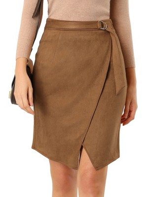 Allegra K Women's A-Line Knee Length Front Slit Wrap Faux Suede Skirt