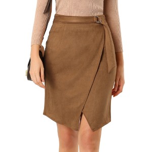 Allegra K Women's A-Line Knee Length Front Slit Wrap Faux Suede Skirt - 1 of 4