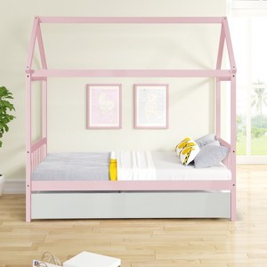 VASIP White Solid Wood Twin House Bed Frame with Trundle - No Box Spring Needed,Space-Saving Kids Bedroom - 1 of 4