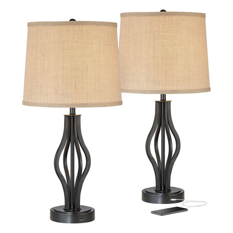 360 Lighting Heather Modern Industrial Table Lamps 25 3/4" High Set of 2 Dark Iron with USB Charging Port Burlap Drum Shade for Bedroom House Desk, 1 of 9
