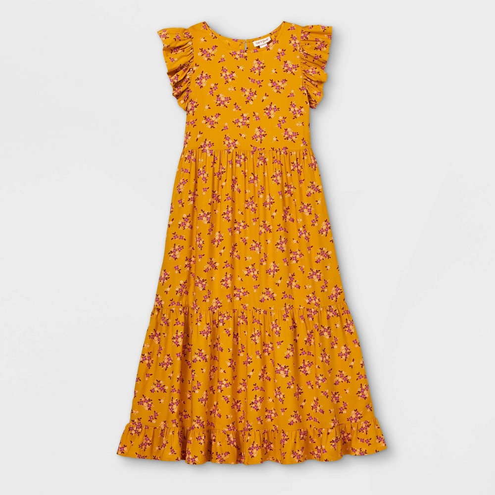 size Large (10/12) Girls' Flutter Sleeve Woven Maxi Dress - Cat & Jack Mustard, Yellow