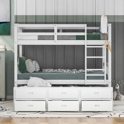 NicBex Twin Over Twin Bunk Bed with Trundle ,Loft Bed with Safety Guardrail and Drawers for Bedroom,White/Espresso