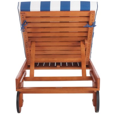 Natural Eucalyptus Wood Chaise Lounge with Blue and White Cushions