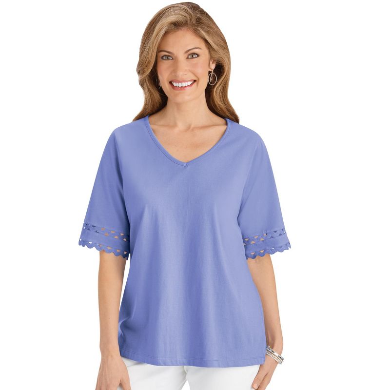 Collections Etc Stylish Zig-Zag Lace Trim V-Neck Top with Elbow-Length Sleeves, 3 of 5
