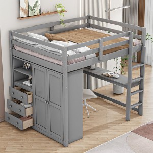 Okak Full Size Wood Bunk Bed with Built-in Wardrobe, Storage Shelves, Loft Bunk Bed with Desk & Drawers for Teens, Easy Assemble, Gray - 1 of 4