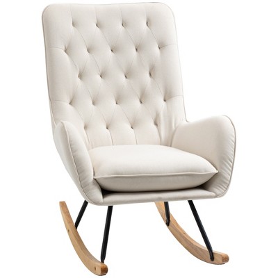 HOMCOM Fabric Rocking Chair Armchair Tufted Rocker Wingback Accent Chair with Padded Seat, Rubber Wood Base for Bedroom, Living Room