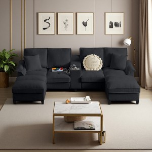 120" Modular Corduroy U-Shaped Sectional Sofa Bed with Storage, 4-Seater, Cup Holders & Chaise Footrest - 1 of 4