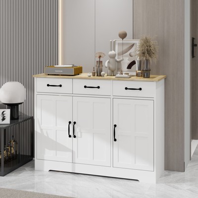 VYNXARIA Farmhouse Buffet Cabinet Storage Sideboard with 3 Drawers and 3 Doors for Dining Living Room Kitchen Cupboard-White