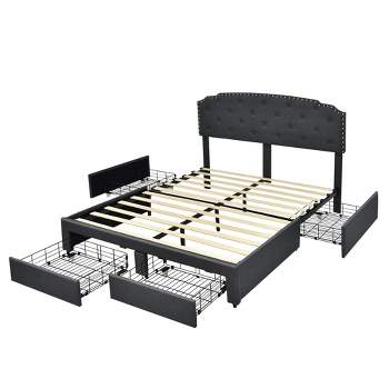 Tangkula Queen Platform Bed Frame with 4 Storage Drawers Adjustable Headboard Grey