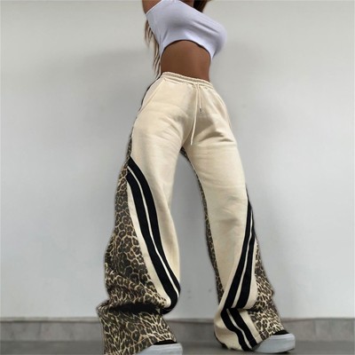 Clotth Women's Leopard Print Pants - High Waisted Cheetah Trousers, Baggy Sweatpants, Gothic Long Pants with Stripes, Street Fashion