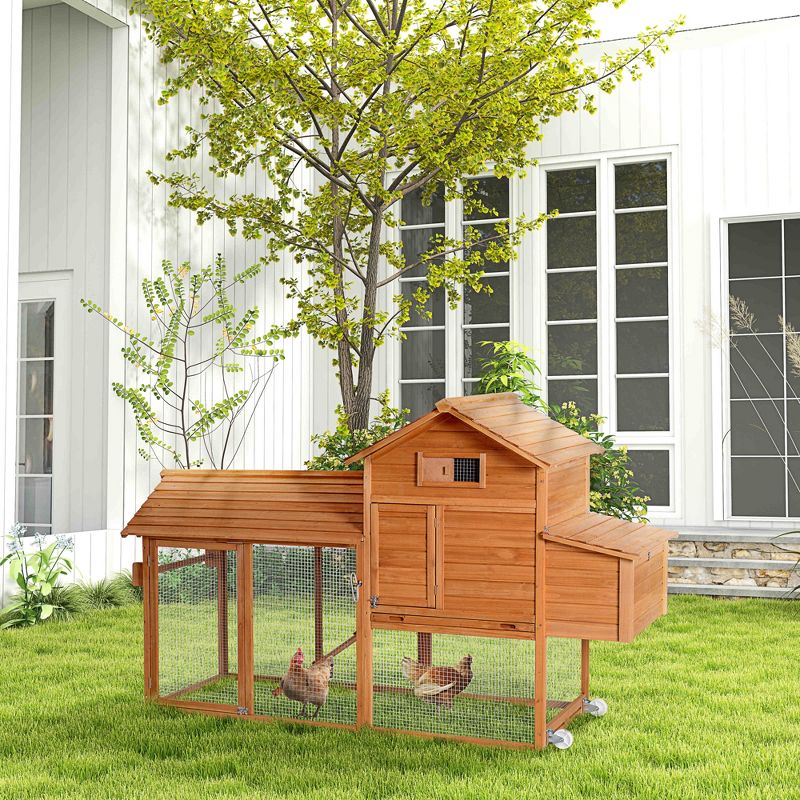 PawHut 83" Wooden Chicken Coop Tractor Hen House Portable Poultry Cage for Outdoor Backyard with Wheels, Nest Box, Removable Tray, 2 of 9